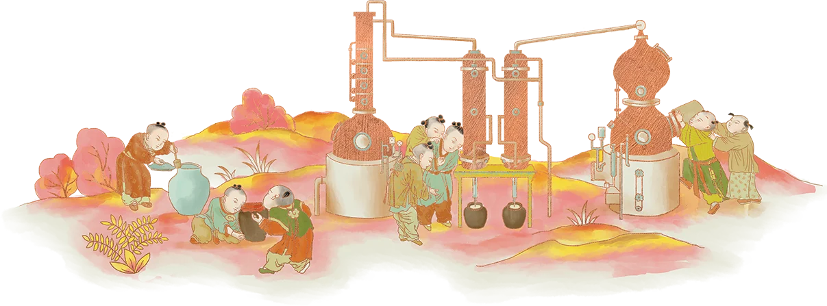 Spice makers tending a copper still in an illustrated Chinese village.